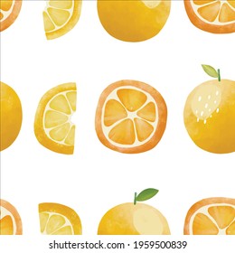 Seamless vector pattern with tropical fruits bright illustration floral lemon lime orange citrus yellow