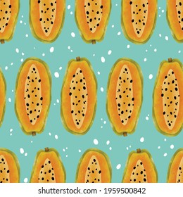 Seamless vector pattern with tropical fruits bright illustration floral half papaya yellow