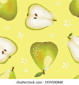 Seamless vector pattern with tropical fruits bright illustration floral apple pear