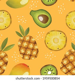 Seamless vector pattern with tropical fruits bright illustration floral pineapple avocado
