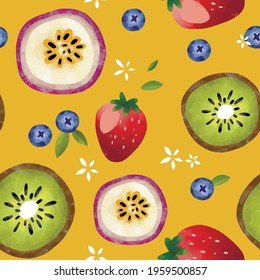 Seamless vector pattern with tropical fruits bright illustration floral berries kiwi strawberry blueberry passion fruit