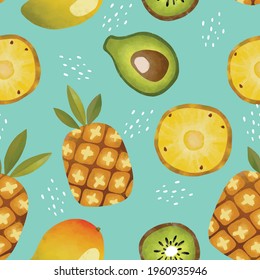 Patrón vectorial sin foco con frutos tropicales ilustración brillante avocado de piña floral