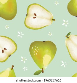 Seamless vector pattern with tropical fruits bright illustration floral apple pear