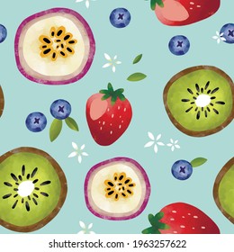 Seamless vector pattern with tropical fruits bright illustration floral berries kiwi strawberry blueberry passion fruit