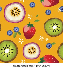 Seamless vector pattern with tropical fruits bright illustration floral berries kiwi strawberry blueberry passion fruit