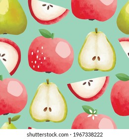 Seamless vector pattern with tropical fruits bright illustration floral apple pear