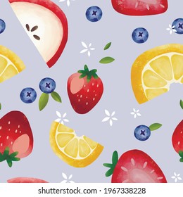 Seamless vector pattern with tropical fruits bright illustration floral berries apple strawberry blueberry passion fruit lemon lime