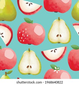 Seamless vector pattern with tropical fruits bright illustration floral apple pear