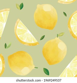 Seamless vector pattern with tropical fruits bright illustration floral lemon lime citrus yellow