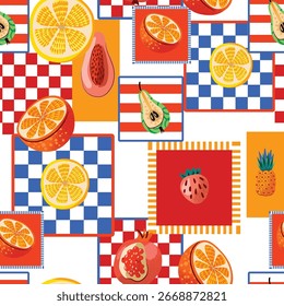 Patrón de Vector sin fisuras con frutas tropicales y fondo cuadrado colorido.