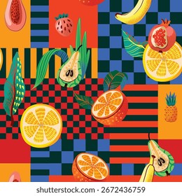 Seamless vector pattern with tropical fruits and colorful square background.