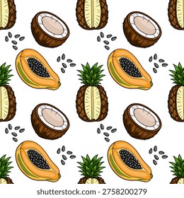 Seamless vector pattern of tropical fruits, including halved coconuts, pineapples, and papayas with seeds, set against a white background.