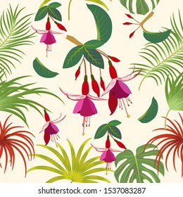 Seamless vector pattern of tropical jungle palm tree leaves and fuchsia, background for textile, wedding,quotes, Birthday and invitation cards,greeting cards, print, blogs, bridal cards.