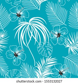 Seamless vector pattern of tropical jungle palm tree leaves, hibiscus, turquoise background for textile, wedding,quotes, Birthday and invitation cards.