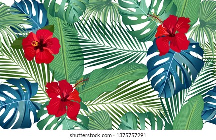 Seamless vector pattern tropical leaves with red hibiscus flower on white background