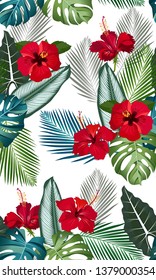 Seamless vector pattern tropical leaves with red hibiscus flower on white background