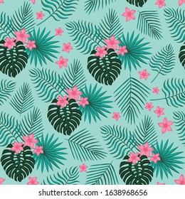 Seamless vector pattern with tropical leaves and flowers. The pattern is suitable for the design of textiles, wrapping paper and so on.