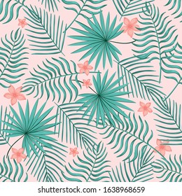 Seamless vector pattern with tropical leaves and flowers. The pattern is suitable for the design of textiles, wrapping paper and so on.