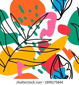 Seamless vector pattern with tropical leaves in bright shapes.Print with plants and abstract hand drawn spots in trendy colors.Designs for textiles,wallpaper,social media,web,packaging,wrapping paper.