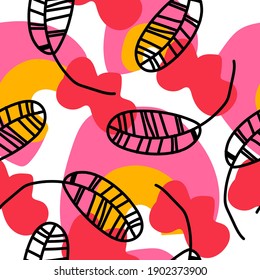 Seamless vector pattern with tropical leaves in bright shapes.Print with plants and abstract hand drawn spots in trendy colors.Designs for textiles,wallpaper,social media,web,packaging,wrapping paper.