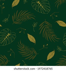 Seamless vector pattern with tropical leaves on dark green background. Simple moody jungle wallpaper design. Decorative floral fashion textile.