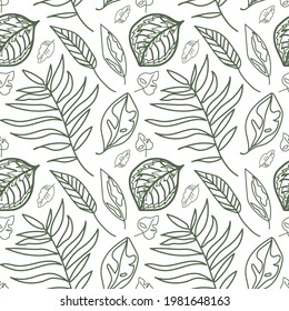Seamless vector pattern with tropical leaves trendy color.Abstract print with aesthetics hand drawn shapes on white isolated background.Design for textiles, wallpaper, fabric, wrapping paper.