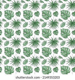 seamless vector pattern with tropical leaves on the white background