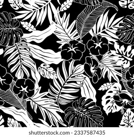 patrón vectorial sin soldadura de hojas tropicales con flores de hibisco blanco sobre fondo negro, estado de ánimo hawaiano vintage, mínimo 