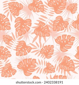 Seamless vector pattern with tropical leaves. Trendy color Peach . Vector.