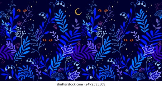 Patrón de Vector sin costuras con hojas tropicales, flores, ojos de animales salvajes contra el cielo nocturno estrellado. Misteriosa ilustración de cuento de hadas de la selva de medianoche. Paleta de colores azul oscuro y violeta.