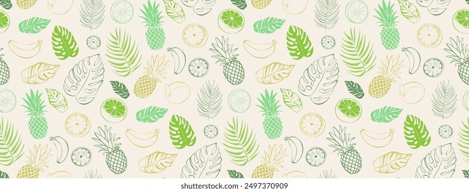 Seamless vector pattern with tropical leaves and fruits. Silhouette of palm leaves, monstera, pineapple, orange, lemon. Summer texture for wallpaper, background, fabric