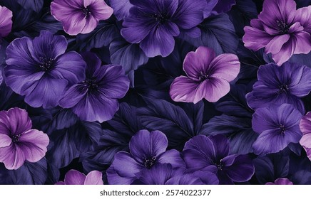 Seamless vector pattern with tropical leaves, flowers, wild animal eyes against the starry night sky. Mysterious fairytale illustration of the midnight jungle. Deep blue and violet colour palette.