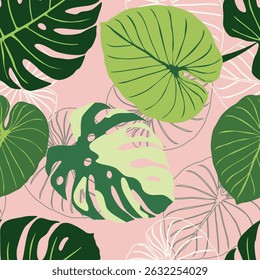 Seamless vector pattern of tropical leaves.