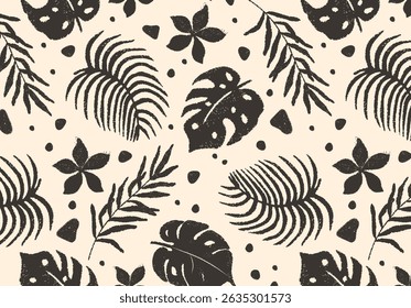 Patrón de Vector sin fisuras con hojas tropicales y flores en estilo grunge texturizado. Diseño boho minimalista moderno para empaques de verano, Fondo de pantalla, textiles, marcas y gráficos con temática ecológica.