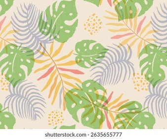 Seamless vector pattern with tropical leaves and textured overlay in soft pastel colors. Ideal for summer designs, fabric, packaging, wallpapers, eco branding, and modern stationery.
