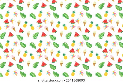 Seamless vector pattern of tropical leaves, colorful ice cream cones, pineapples, and watermelon slices. Perfect for kids, summer products, and fun textile designs