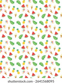 Seamless vector pattern of tropical leaves, colorful ice cream cones, pineapples, and watermelon slices. Perfect for kids, summer products, and fun textile designs