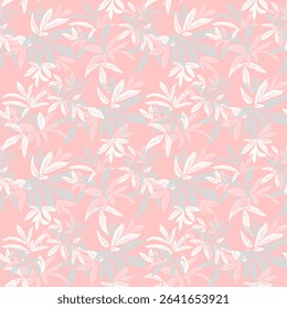 Seamless vector pattern with tropical leaves in shades of pastel, muted and light on a soft pink background. Nature ornament for fabric, wallpaper, packaging, and spring or summer themed designs