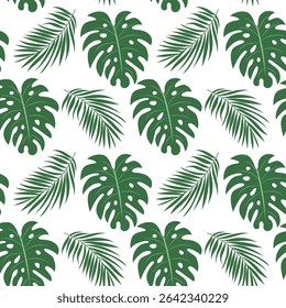 Seamless vector pattern with tropical leaves such as monstera and palm. Modern botanical design, perfect for textile prints, wallpapers, wrapping paper, packaging, and home decor.