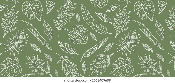 Seamless vector pattern with tropical leaves in hand-drawn style. White line art on trendy sage green background. Perfect for fabric, eco branding, wallpapers, packaging, wrapping, stationery.