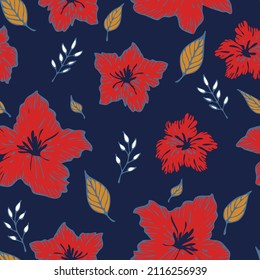 Seamless vector pattern with tropical lily on blue background. Simple hand drawn bright floral wallpaper design. Decorative beach holiday fashion textile.