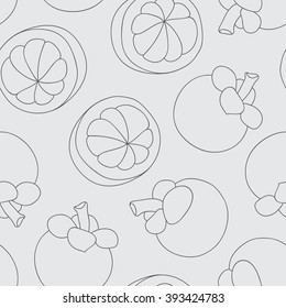Seamless vector pattern of tropical mangosteen fruit on a gray background.