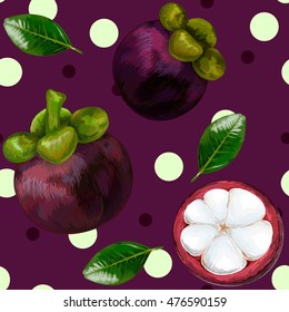 Seamless vector pattern of tropical mangosteen fruit on  background. Mangosteen,  passion fruit.  Vector illustration. mangosteen half with slices.