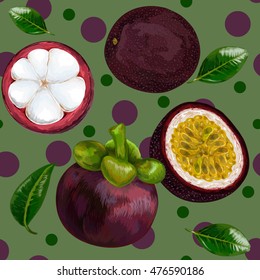 Seamless vector pattern of tropical mangosteen fruit on  background. Mangosteen,  passion fruit.  Vector illustration. mangosteen half with slices.