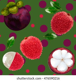 Seamless vector pattern of tropical mangosteen fruit on  background. Mangosteen, lychee fruit. lychee fruit pattern. Vector illustration. mangosteen half with slices.