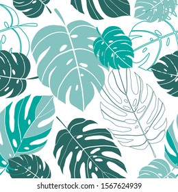 Seamless vector pattern tropical monstera leaves exotic plants