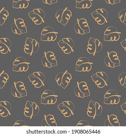 Seamless vector pattern. Tropical monstera leaves. Gray background. Leaves in one line. Cartoon style. Monstera. Tropics. Summer. Suitable for textiles, packaging and wallpaper.