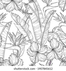 Seamless vector pattern with Tropical palm leaves and hibiscus, bird of paradise flowers, jungle plants. Black and white