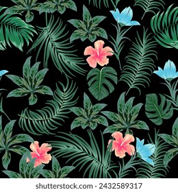 Seamless vector pattern with tropical palm leaves and flowers on black background.  Floral decorative illustration, for print design