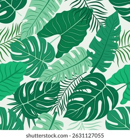 Seamless vector pattern with tropical palm leaves. Green botanical foliage on white background. Perfect for summer textiles, wrapping paper, wallpapers, and packaging design.